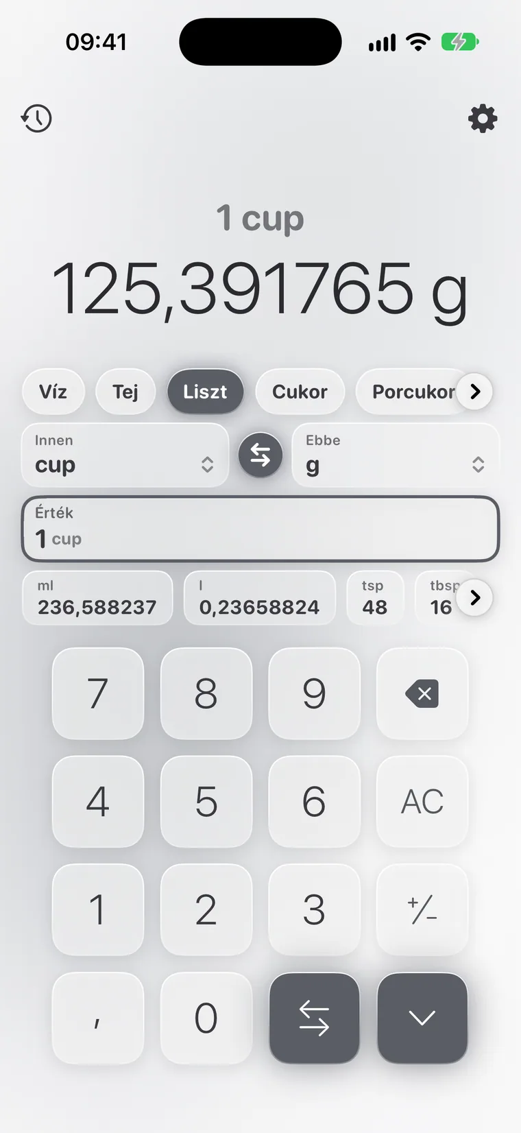Calcie, „Főzés” mód iPhone-on