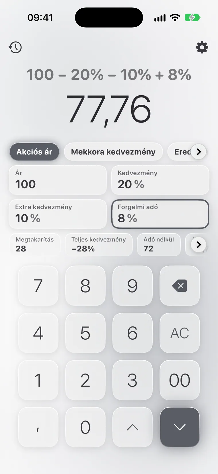 Calcie, „Kedvezmények” mód iPhone-on