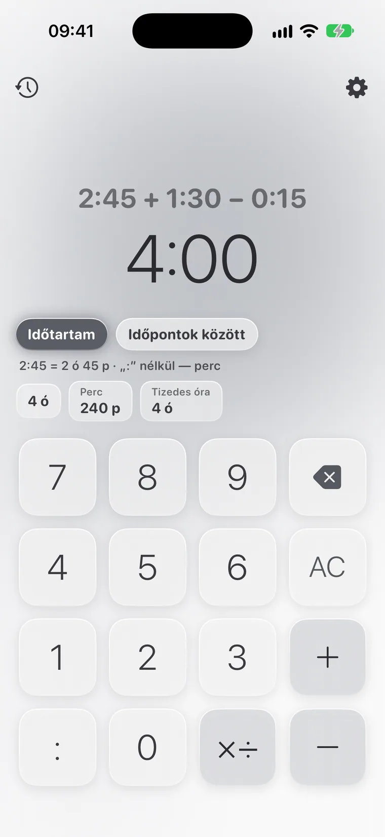 Calcie, „Idő” mód iPhone-on