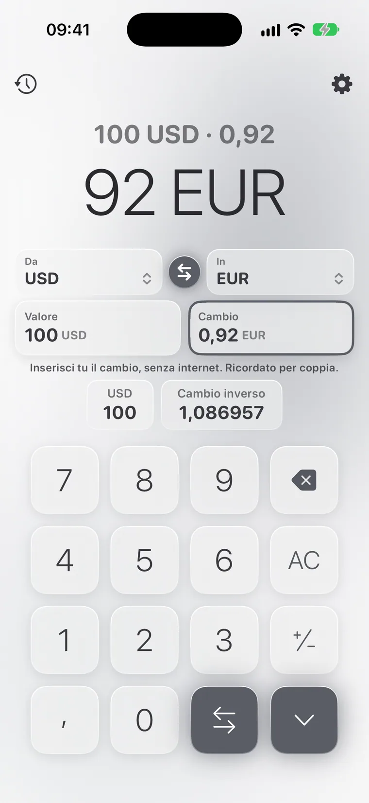 Calcie, modalità «Valuta» su iPhone