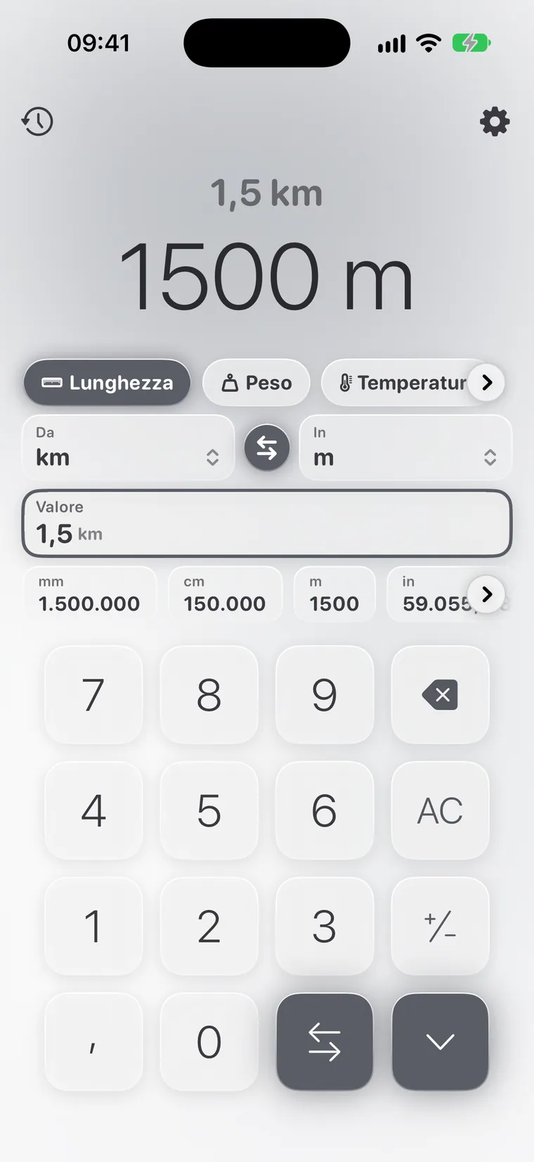 Calcie, modalità «Unità» su iPhone