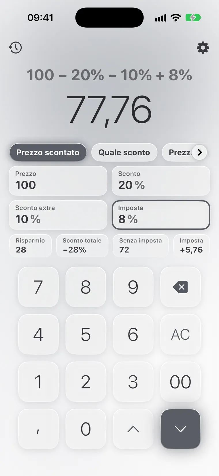 Calcie, modalità «Sconti» su iPhone