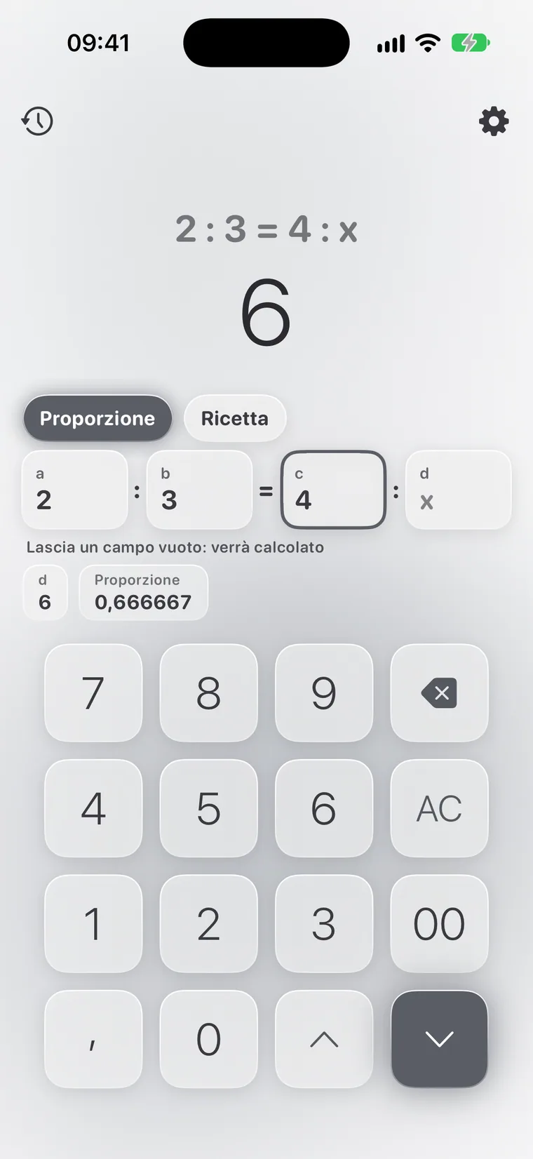 Calcie, modalità «Proporzioni» su iPhone