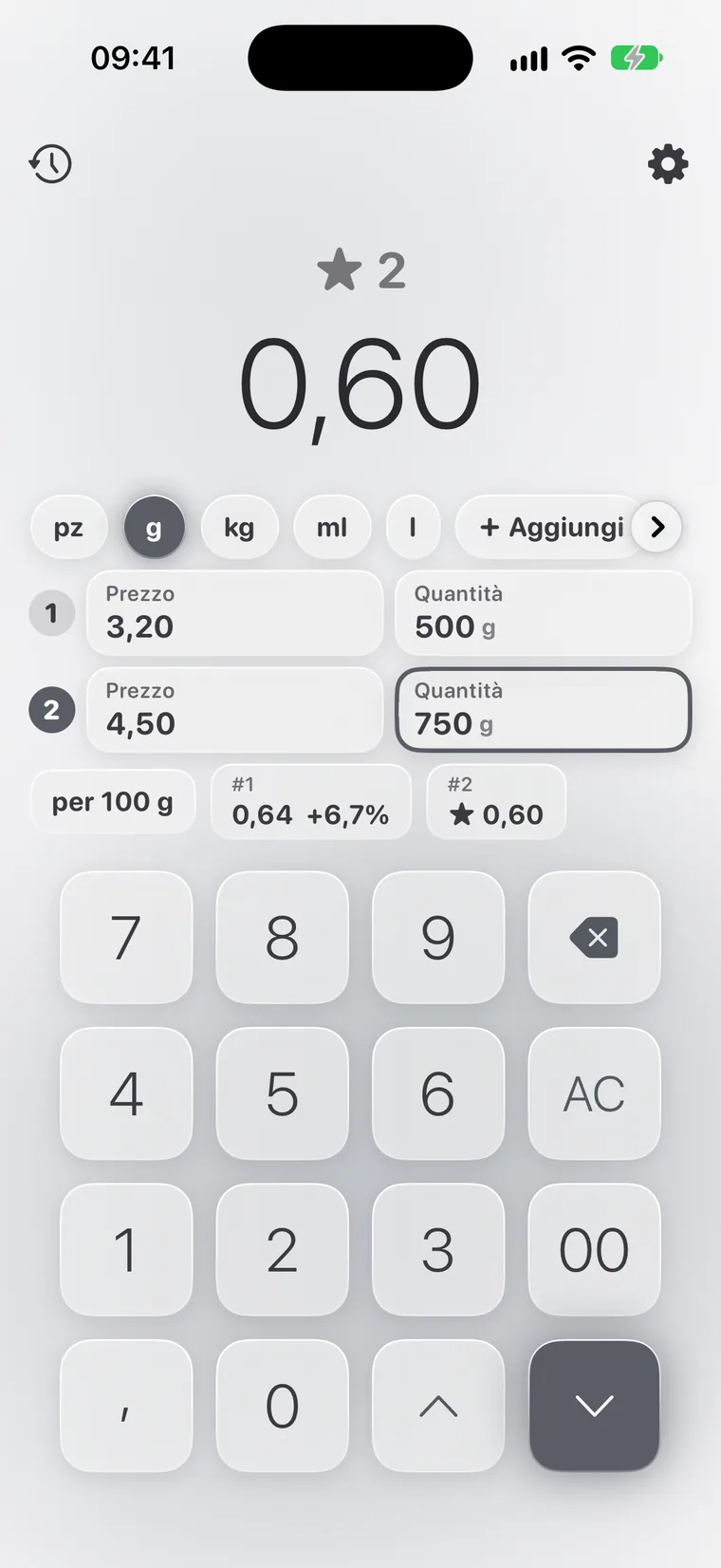 Calcie, modalità «Prezzo unitario» su iPhone