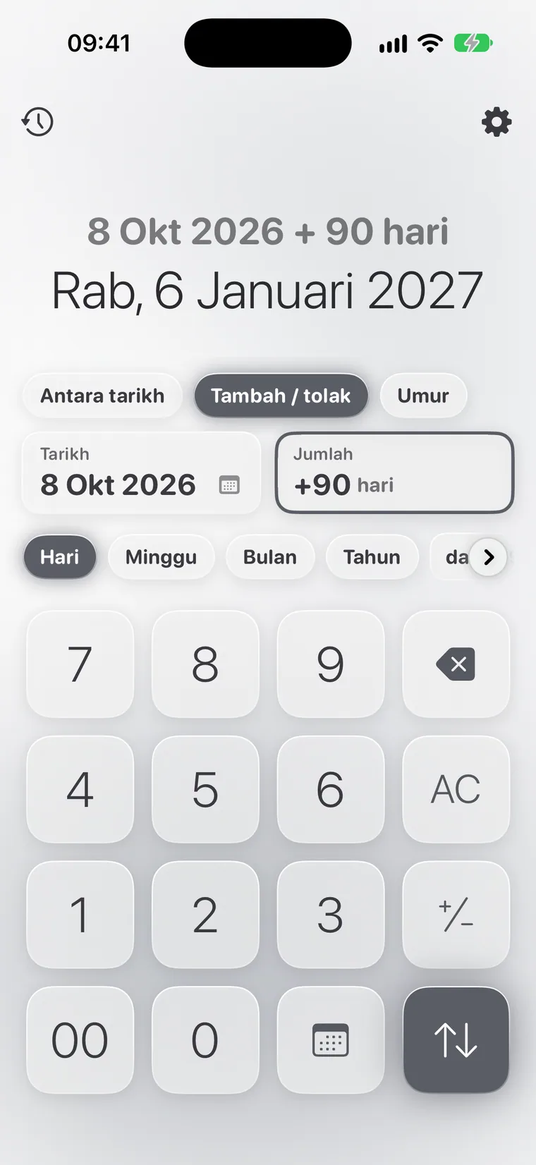 Calcie, mod “Tarikh” pada iPhone