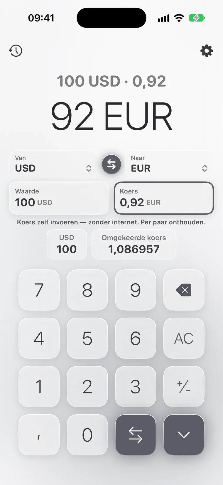 Calcie, modus “Valuta” op iPhone