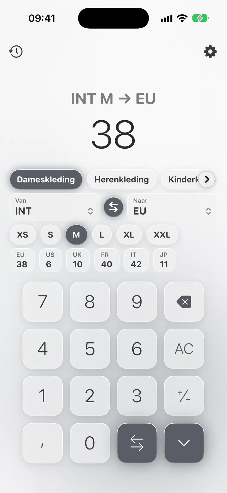 Calcie, modus “Maten” op iPhone
