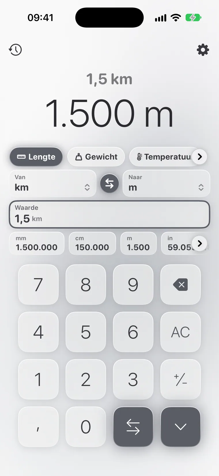 Calcie, modus “Eenheden” op iPhone