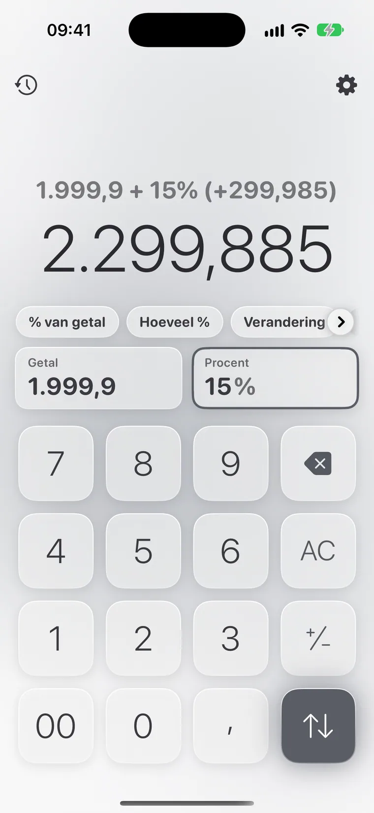 Calcie, modus “Procent” op iPhone