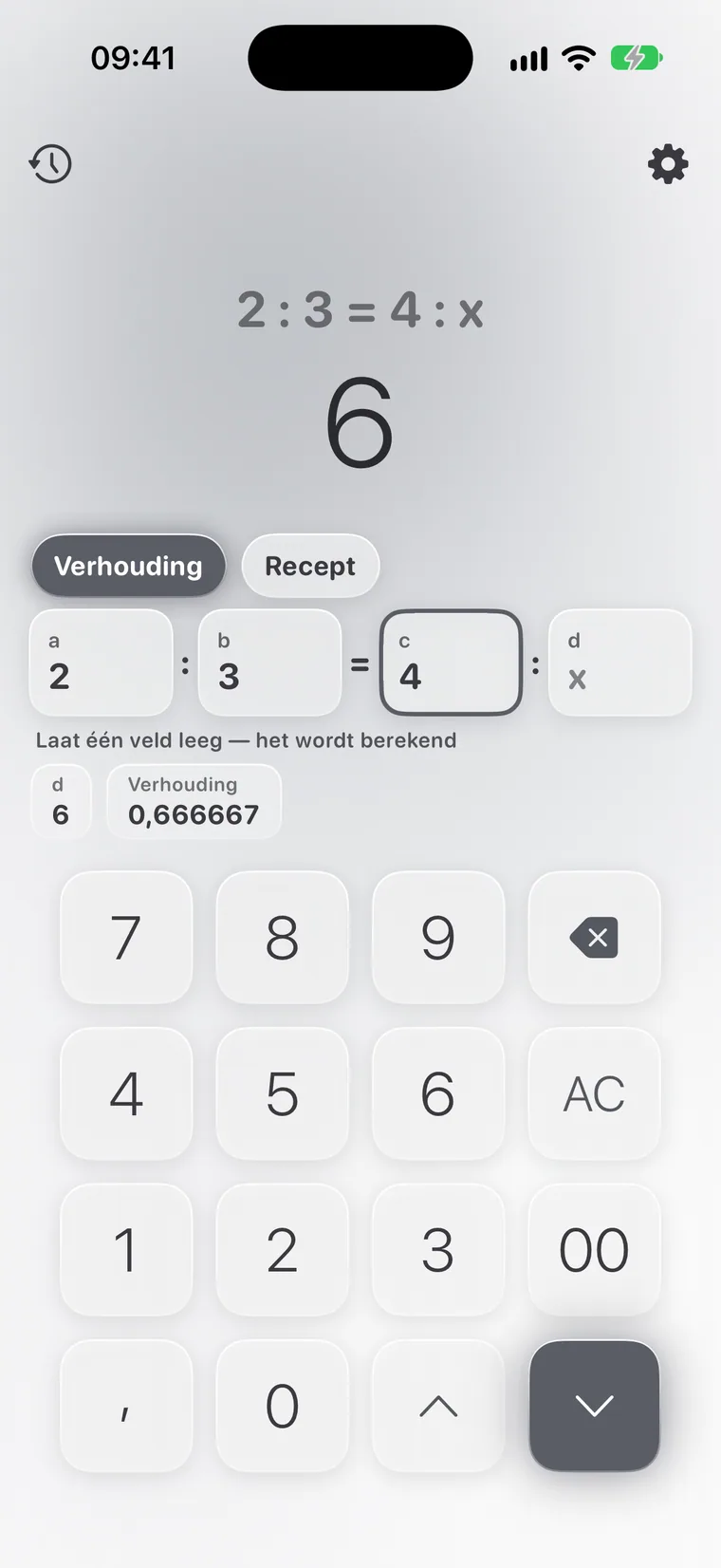 Calcie, modus “Verhoudingen” op iPhone