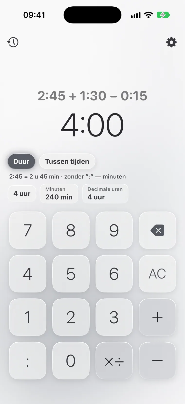 Calcie, modus “Tijd” op iPhone