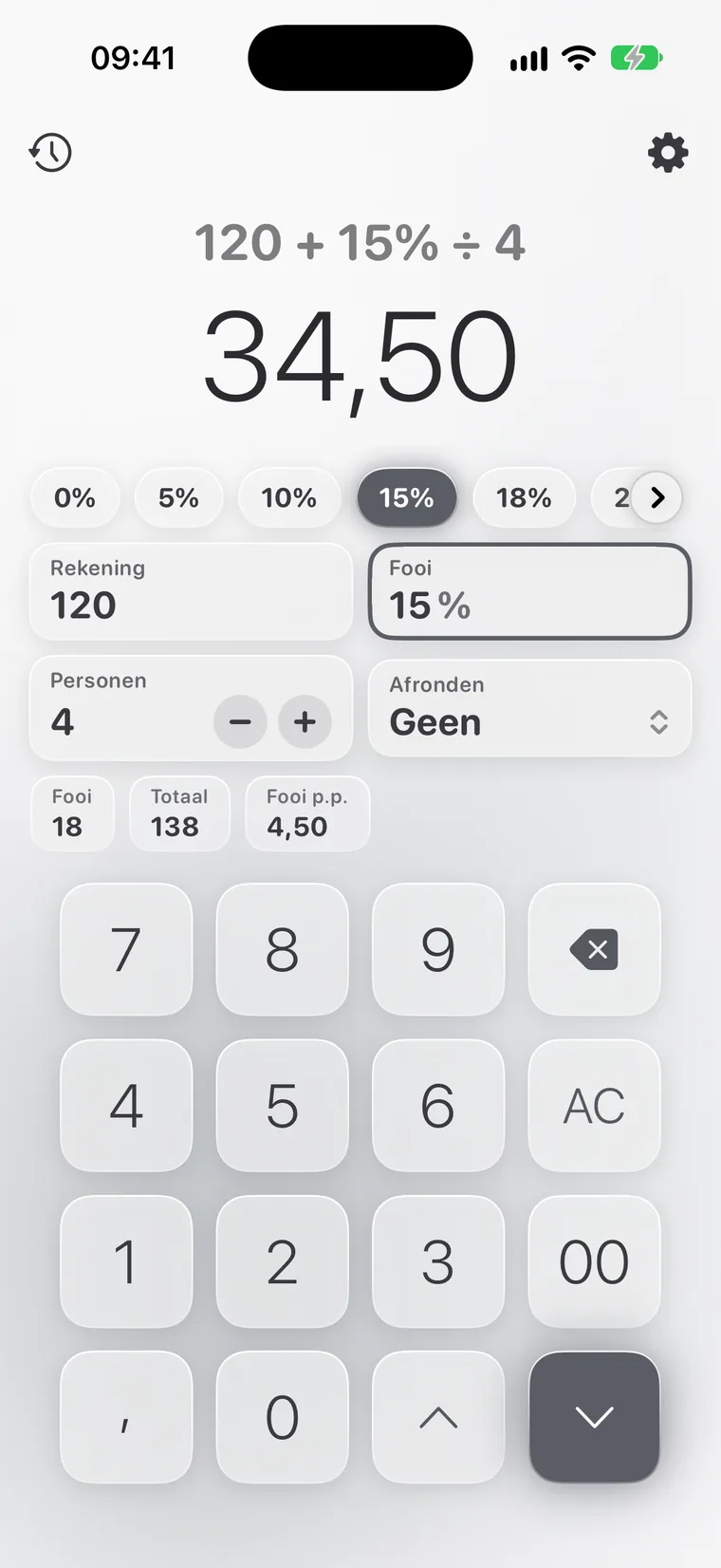 Calcie, modus “Fooi” op iPhone