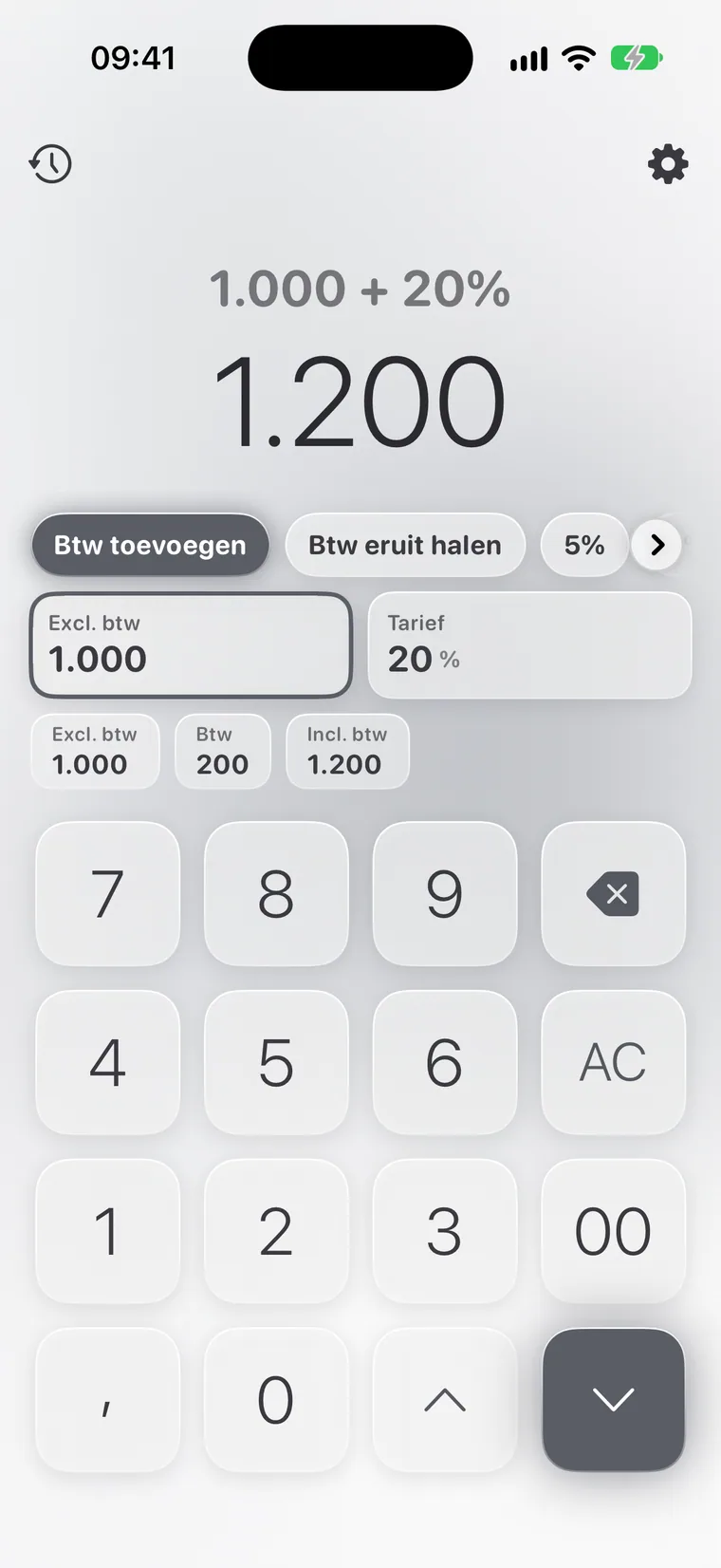 Calcie, modus “Btw” op iPhone