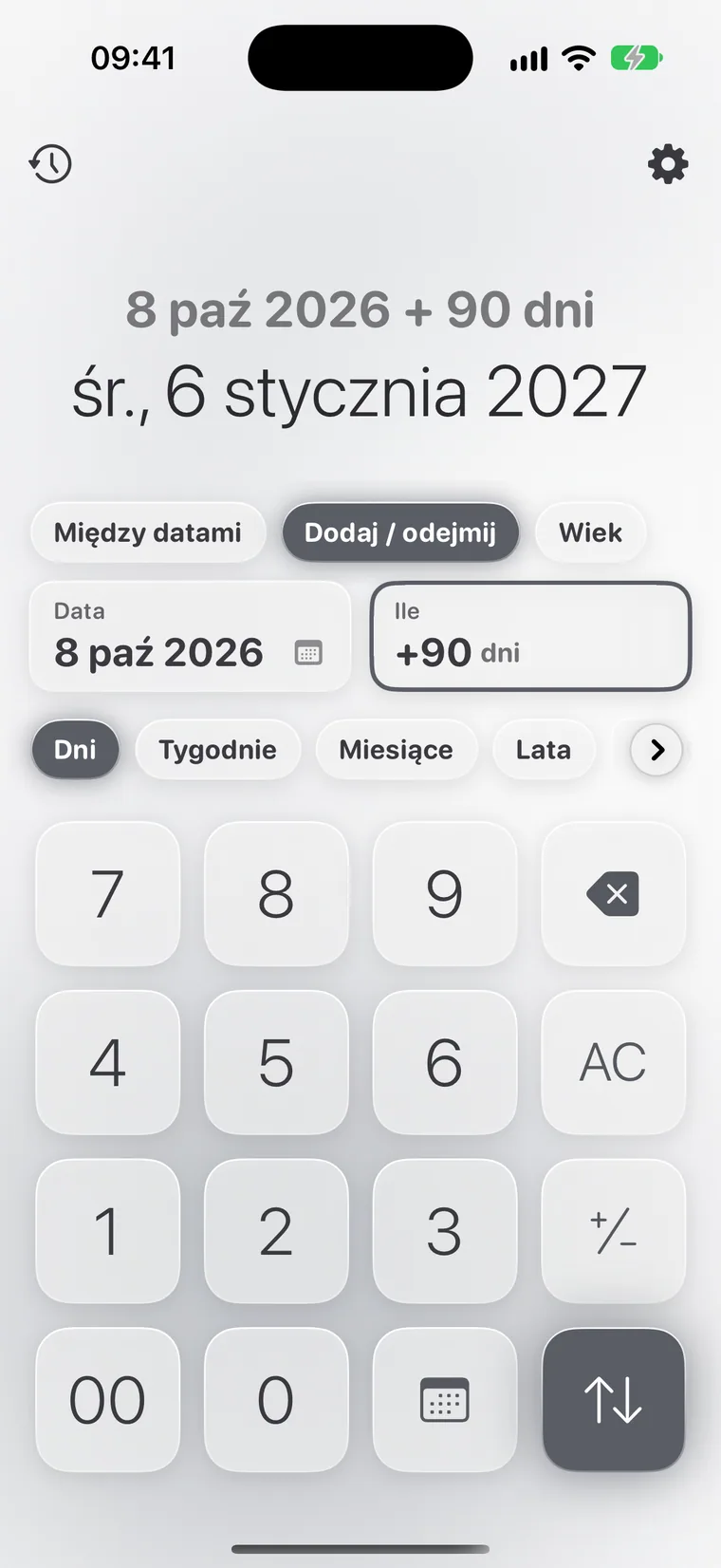 Calcie, tryb „Daty” na iPhonie