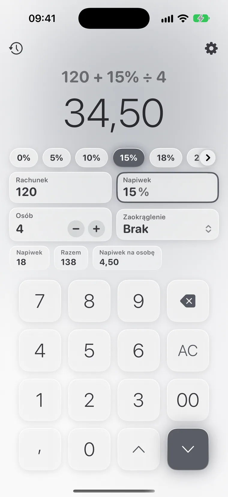 Calcie, tryb „Napiwki” na iPhonie