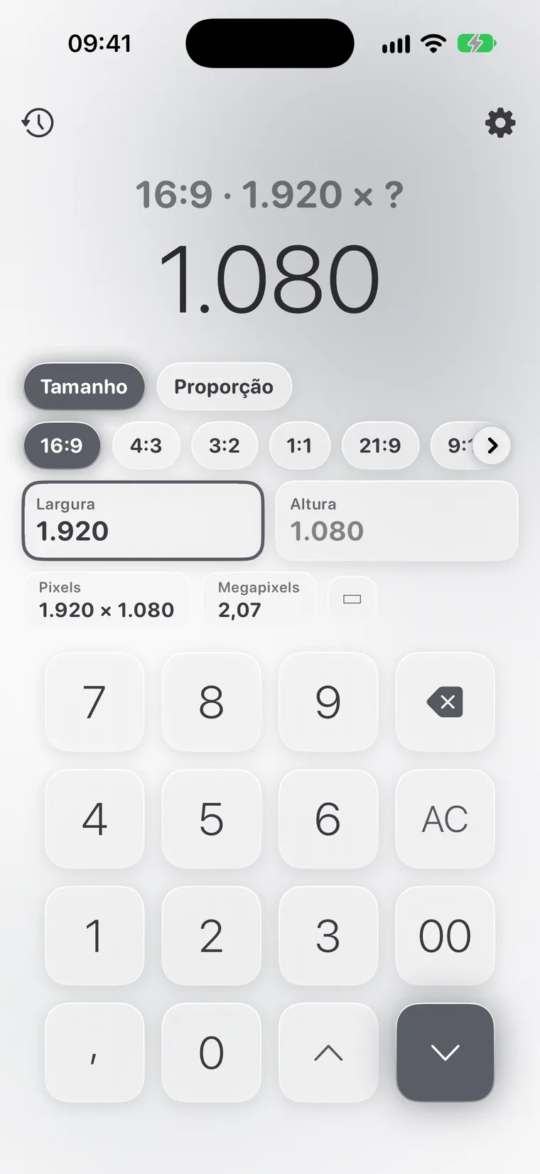 Calcie, modo “Proporção” no iPhone