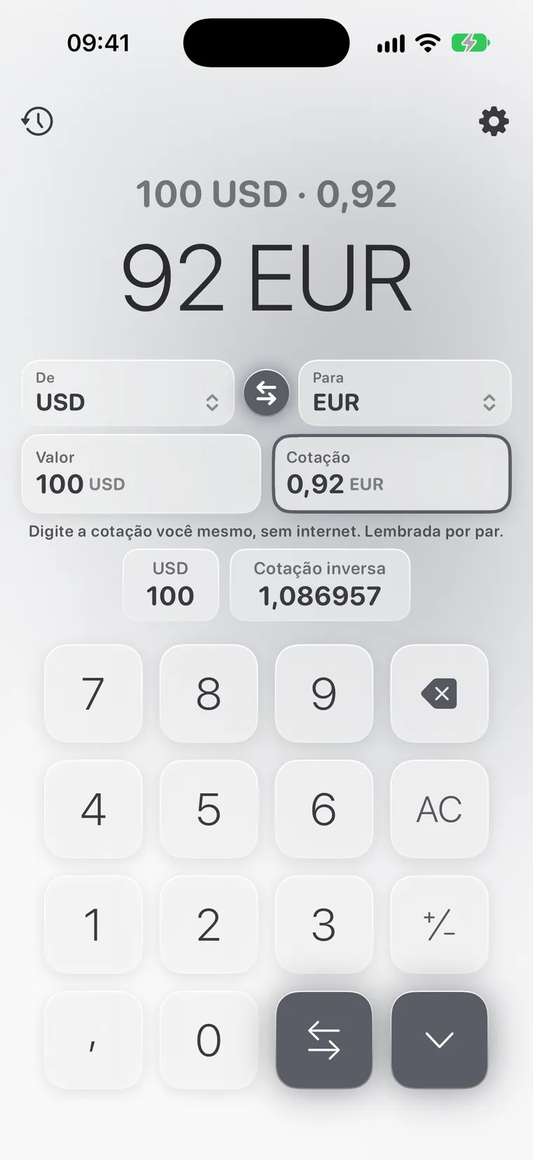 Calcie, modo “Moeda” no iPhone