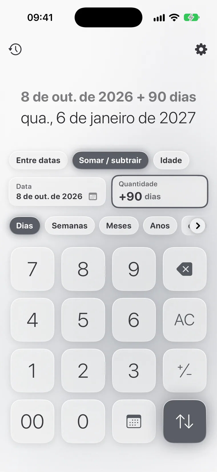 Calcie, modo “Datas” no iPhone