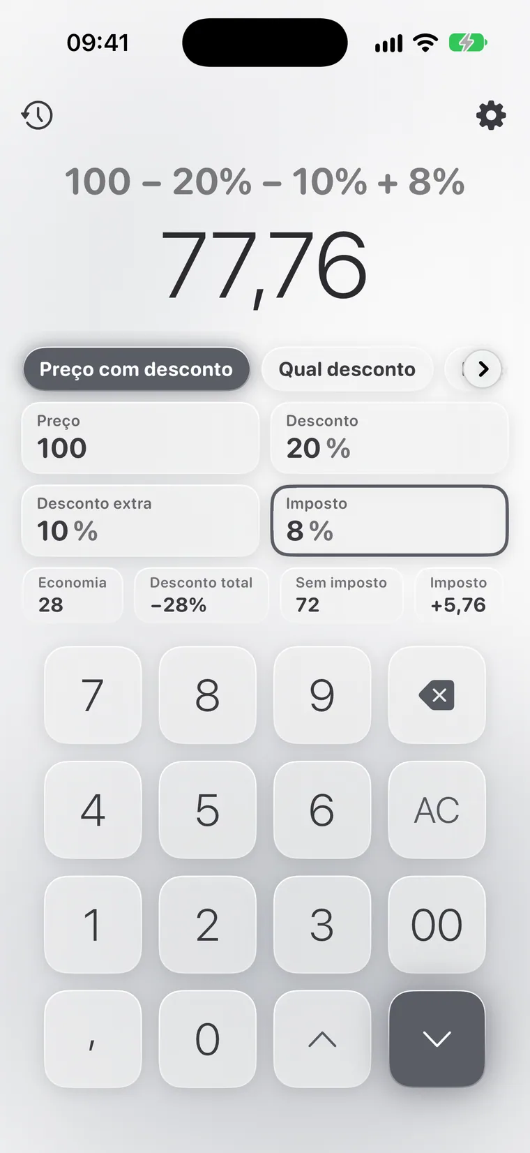 Calcie, modo “Descontos” no iPhone