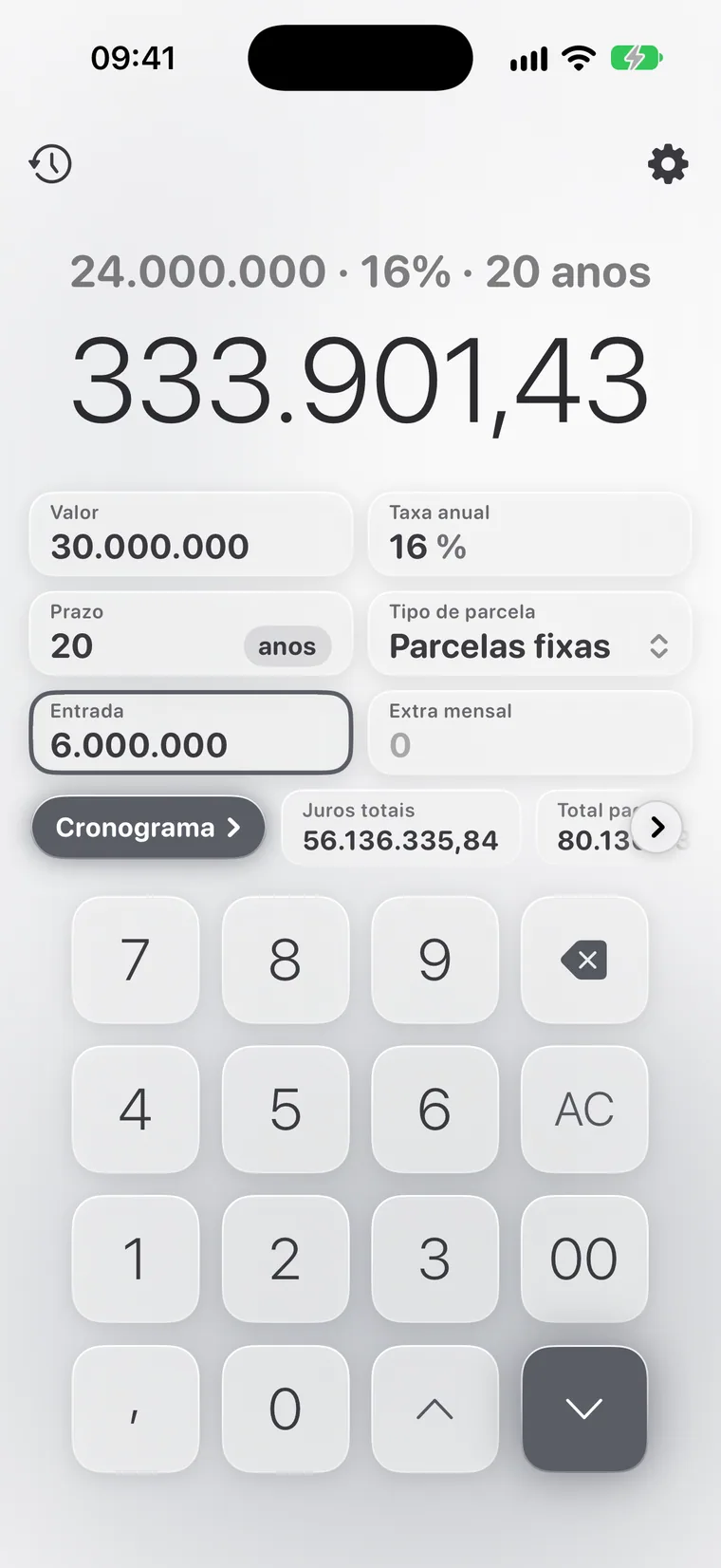 Calcie, modo “Empréstimo” no iPhone