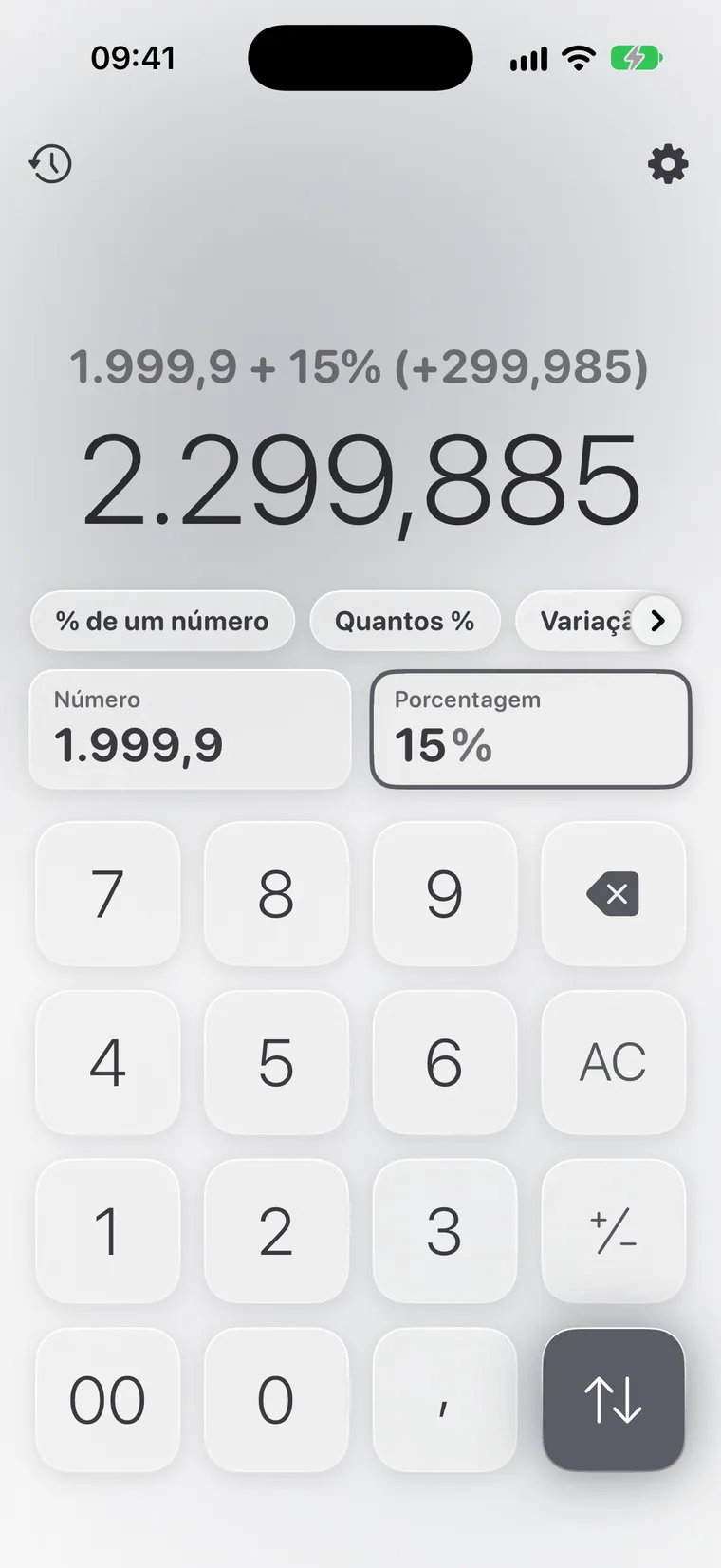 Calcie, modo “Porcentagem” no iPhone