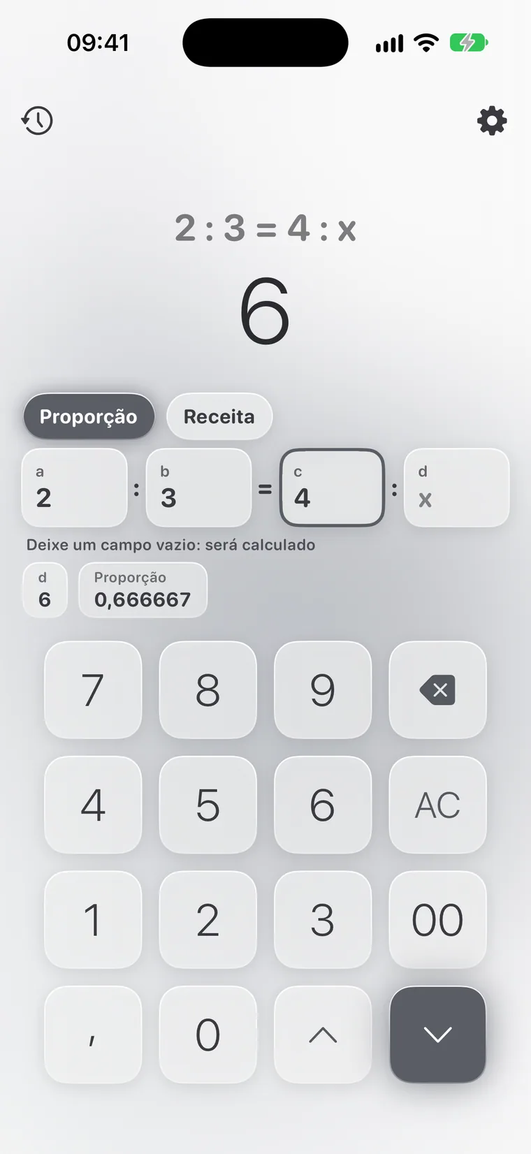 Calcie, modo “Proporções” no iPhone