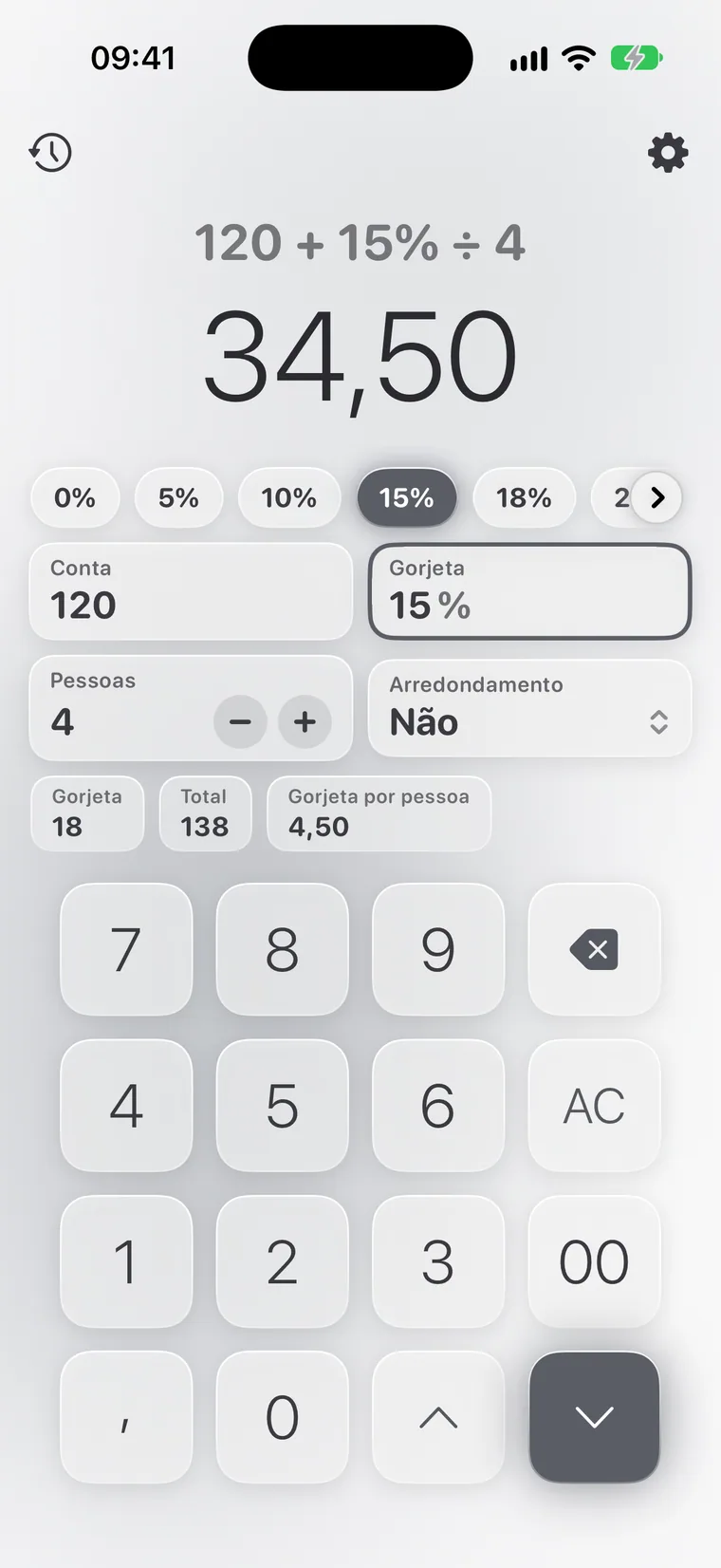 Calcie, modo “Gorjetas” no iPhone