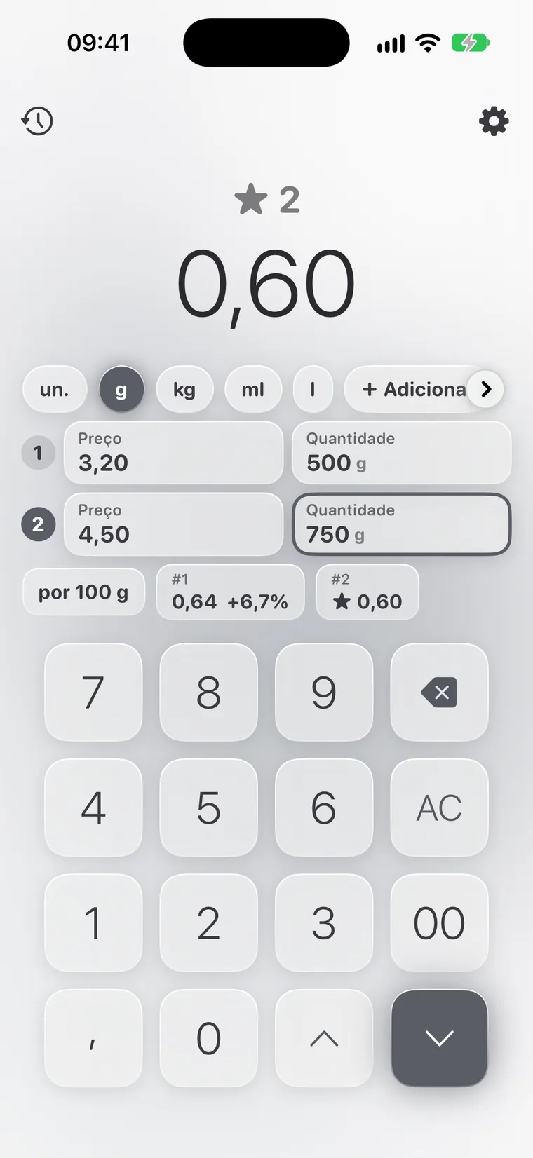 Calcie, modo “Preço unitário” no iPhone