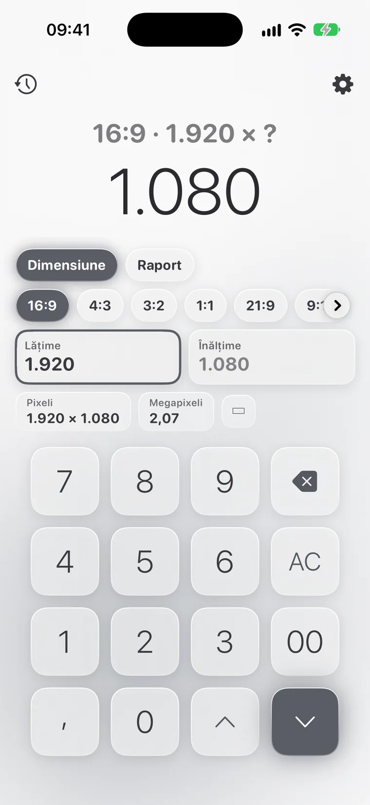 Calcie, modul „Raport de aspect” pe iPhone