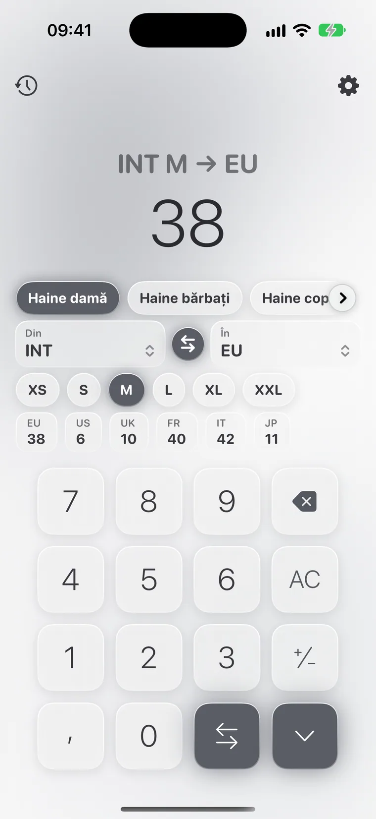 Calcie, modul „Mărimi” pe iPhone
