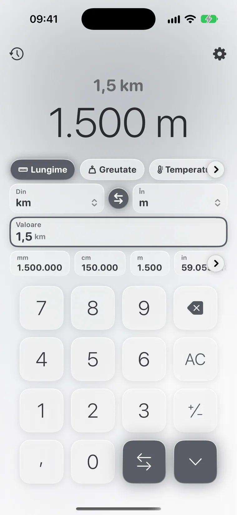Calcie, modul „Unități” pe iPhone