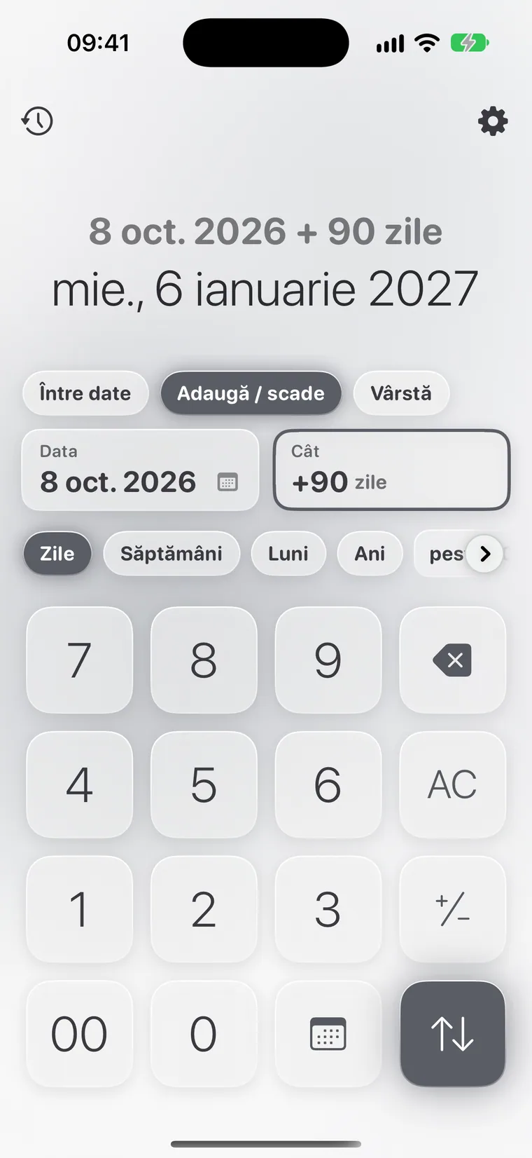Calcie, modul „Date” pe iPhone