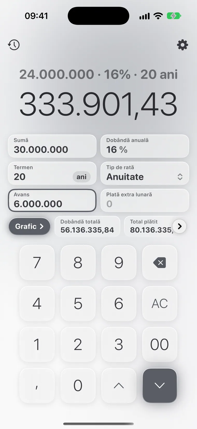 Calcie, modul „Credit” pe iPhone
