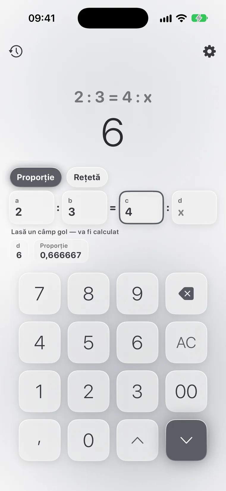 Calcie, modul „Proporții” pe iPhone