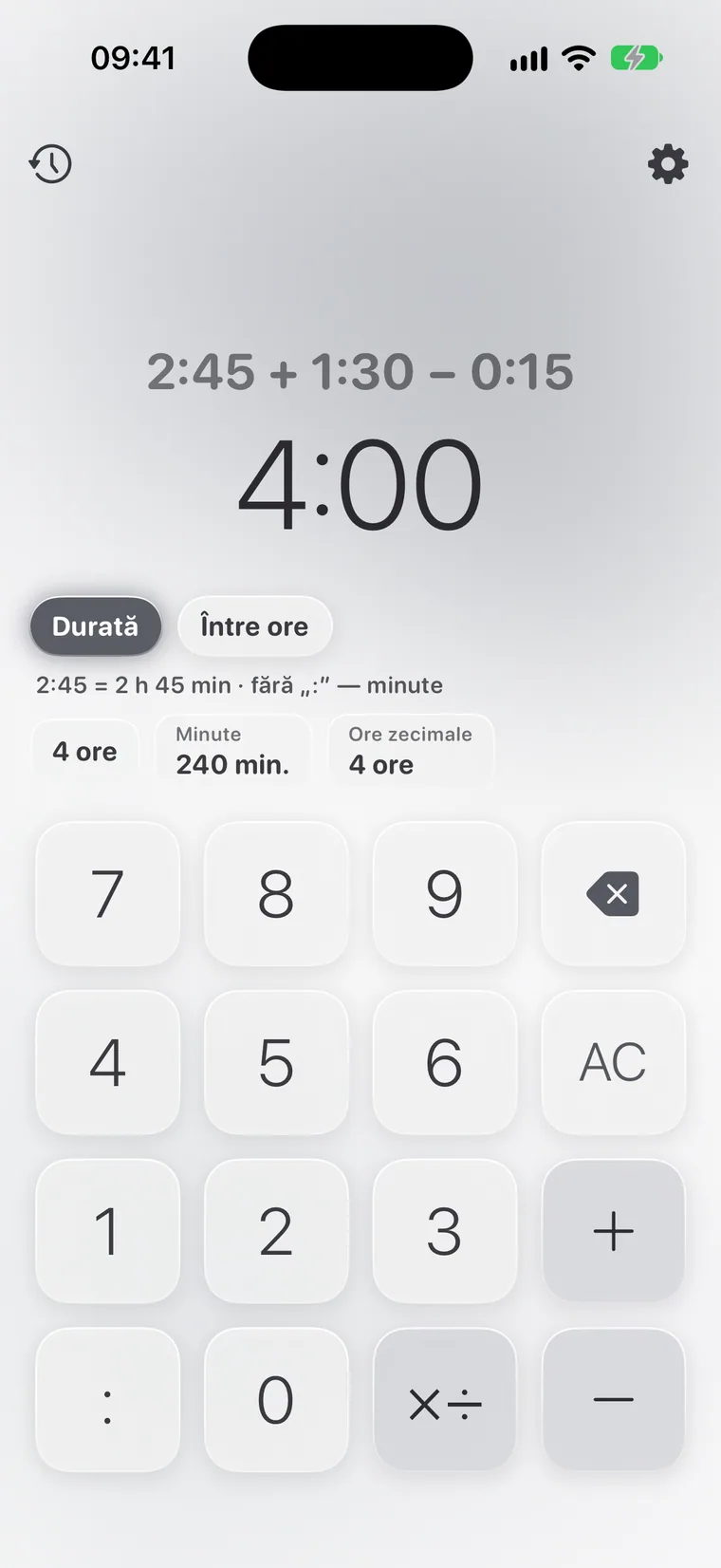 Calcie, modul „Timp” pe iPhone