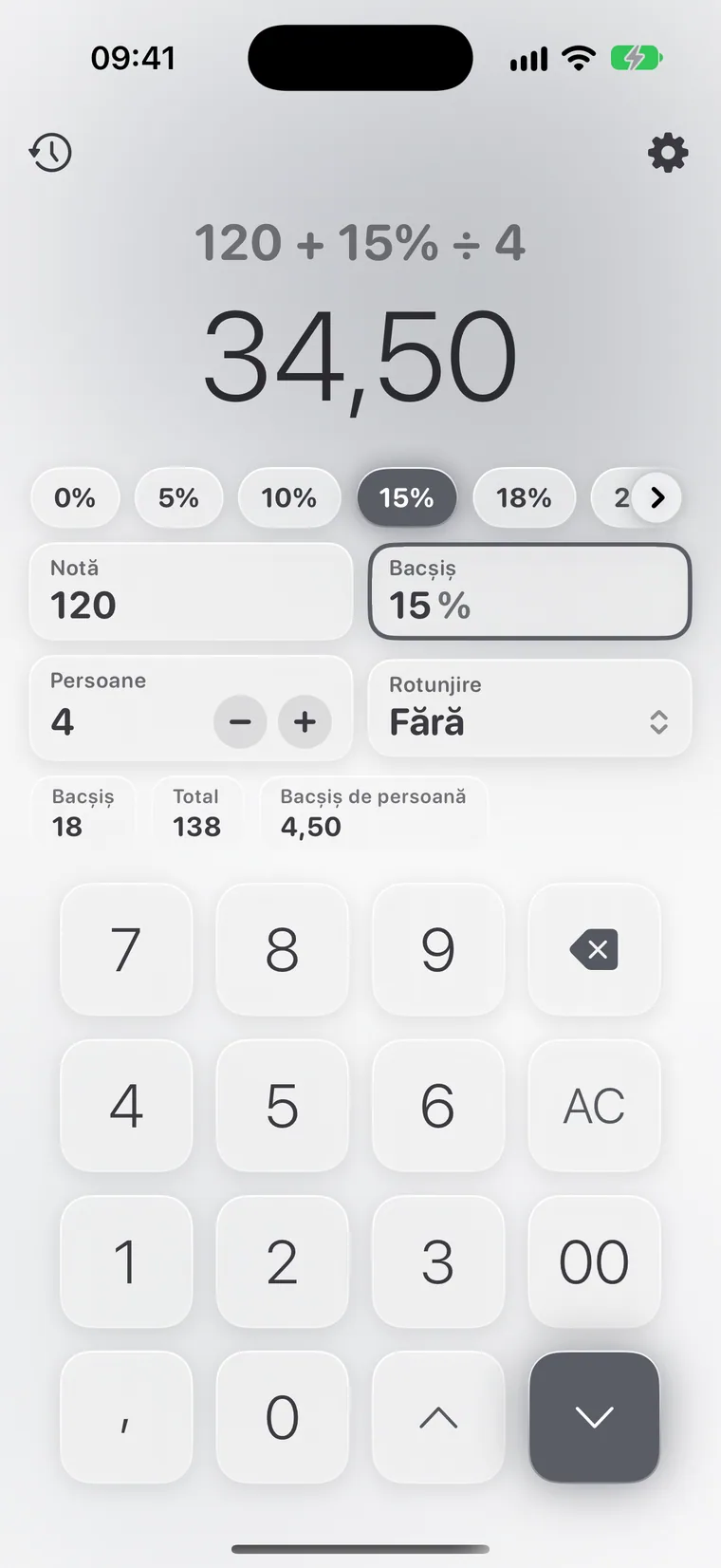 Calcie, modul „Bacșiș” pe iPhone