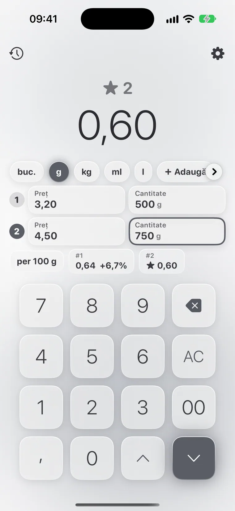 Calcie, modul „Preț unitar” pe iPhone