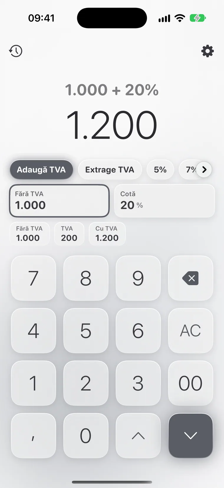 Calcie, modul „TVA” pe iPhone