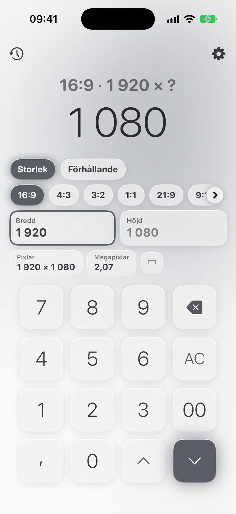 Calcie, läget ”Bildförhållande” på iPhone