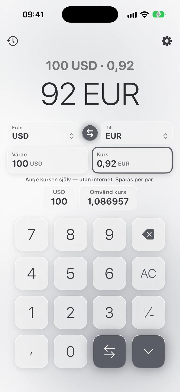 Calcie, läget ”Valuta” på iPhone