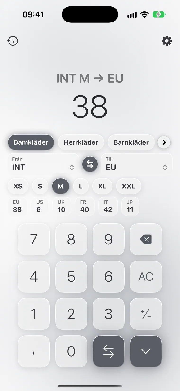 Calcie, läget ”Storlekar” på iPhone