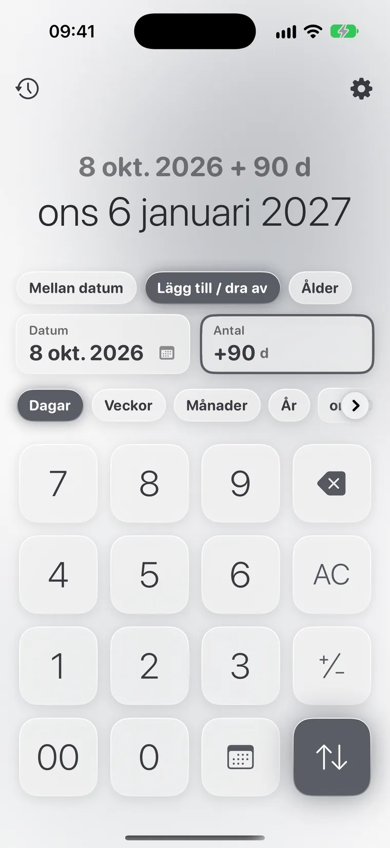 Calcie, läget ”Datum” på iPhone