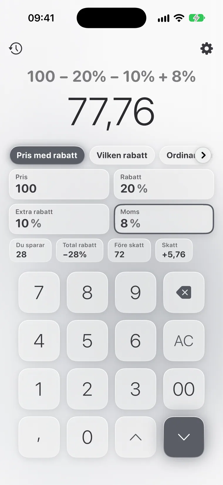 Calcie, läget ”Rabatter” på iPhone