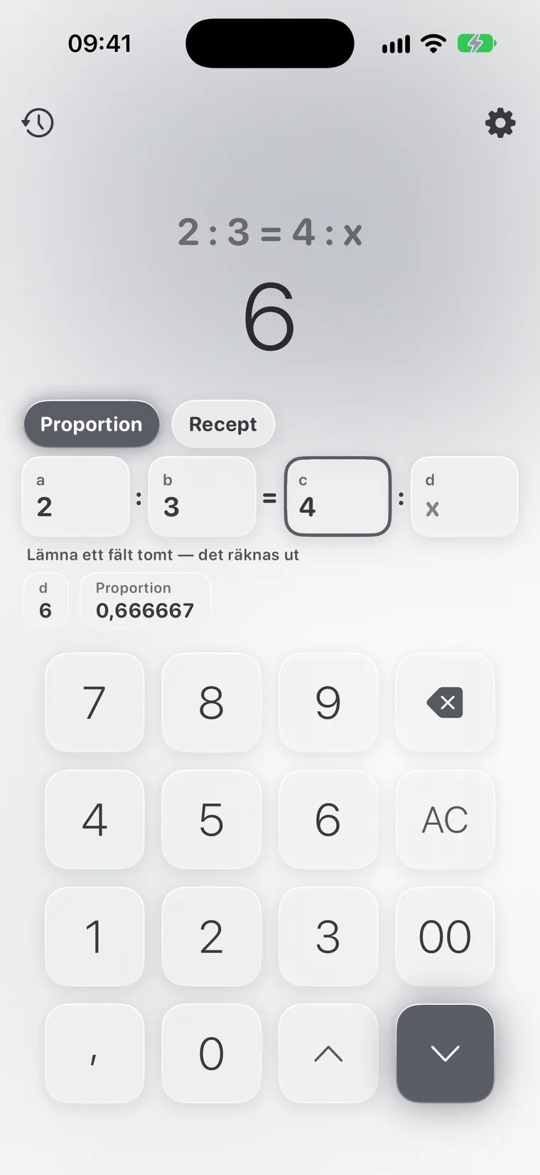 Calcie, läget ”Proportioner” på iPhone