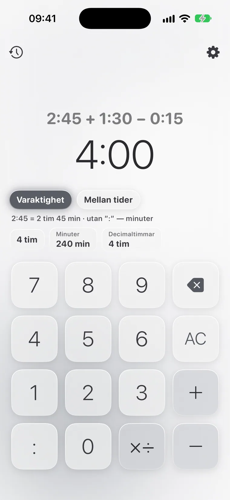 Calcie, läget ”Tid” på iPhone