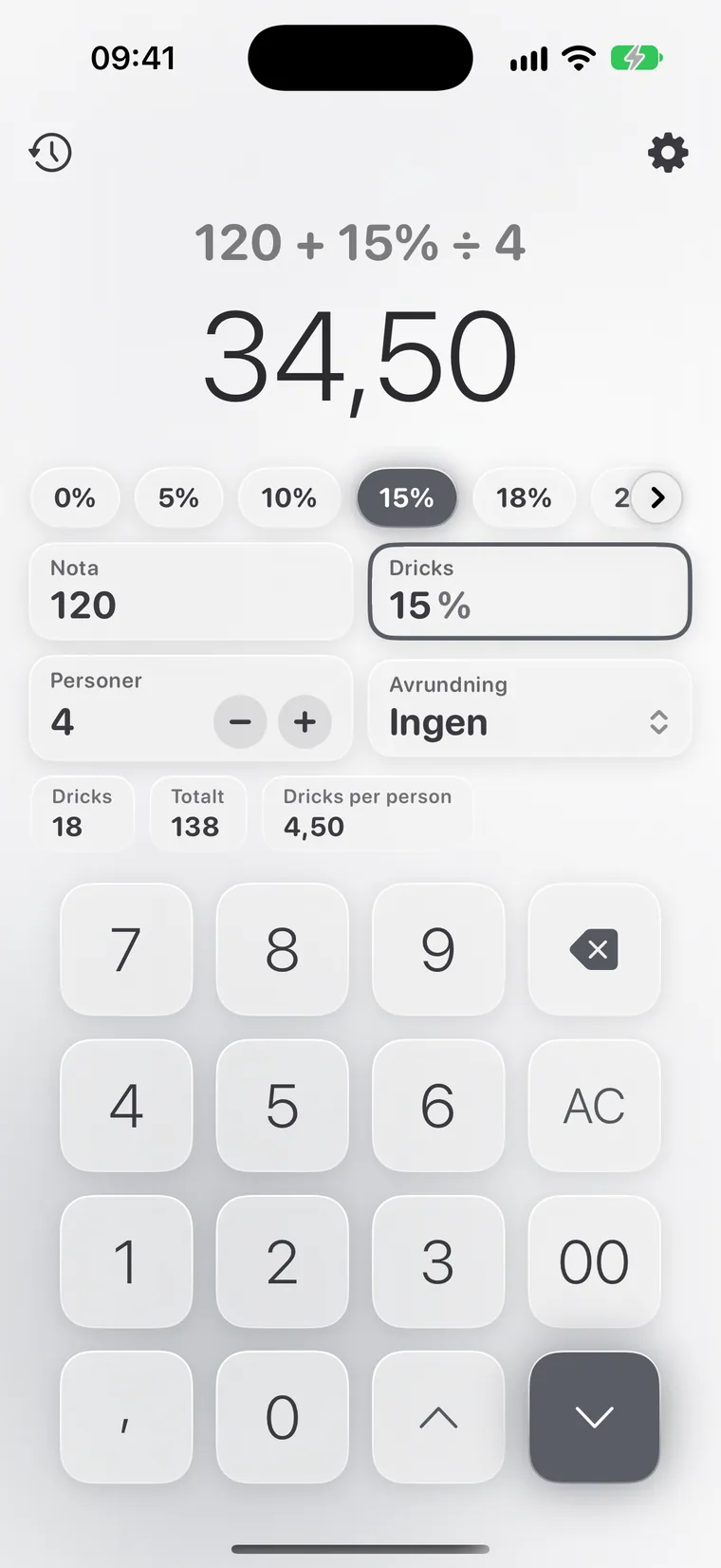 Calcie, läget ”Dricks” på iPhone