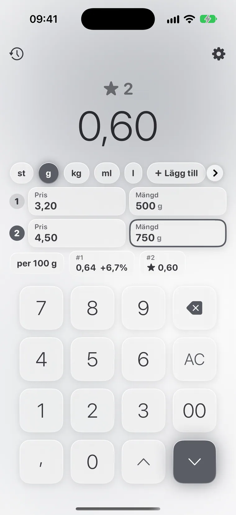 Calcie, läget ”Jämförpris” på iPhone