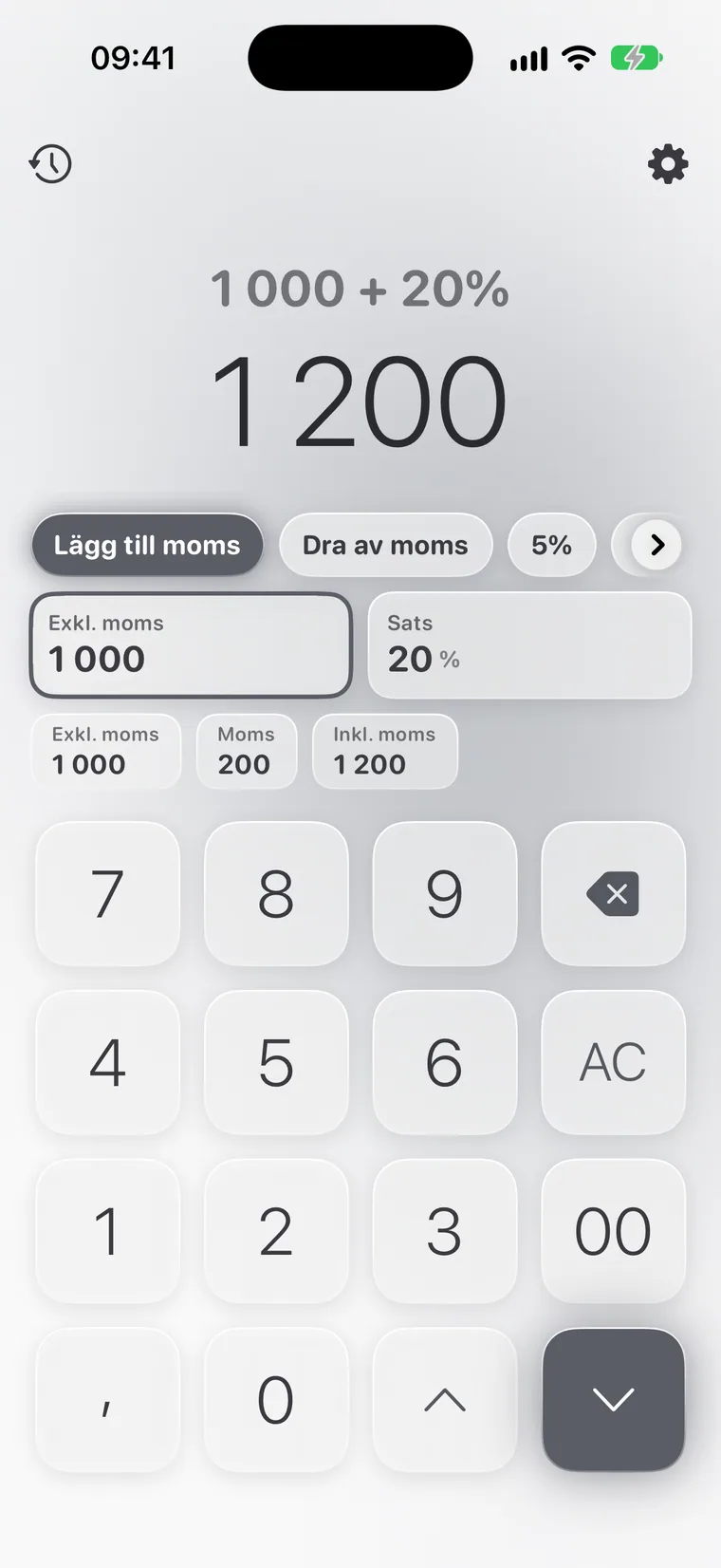 Calcie, läget ”Moms” på iPhone