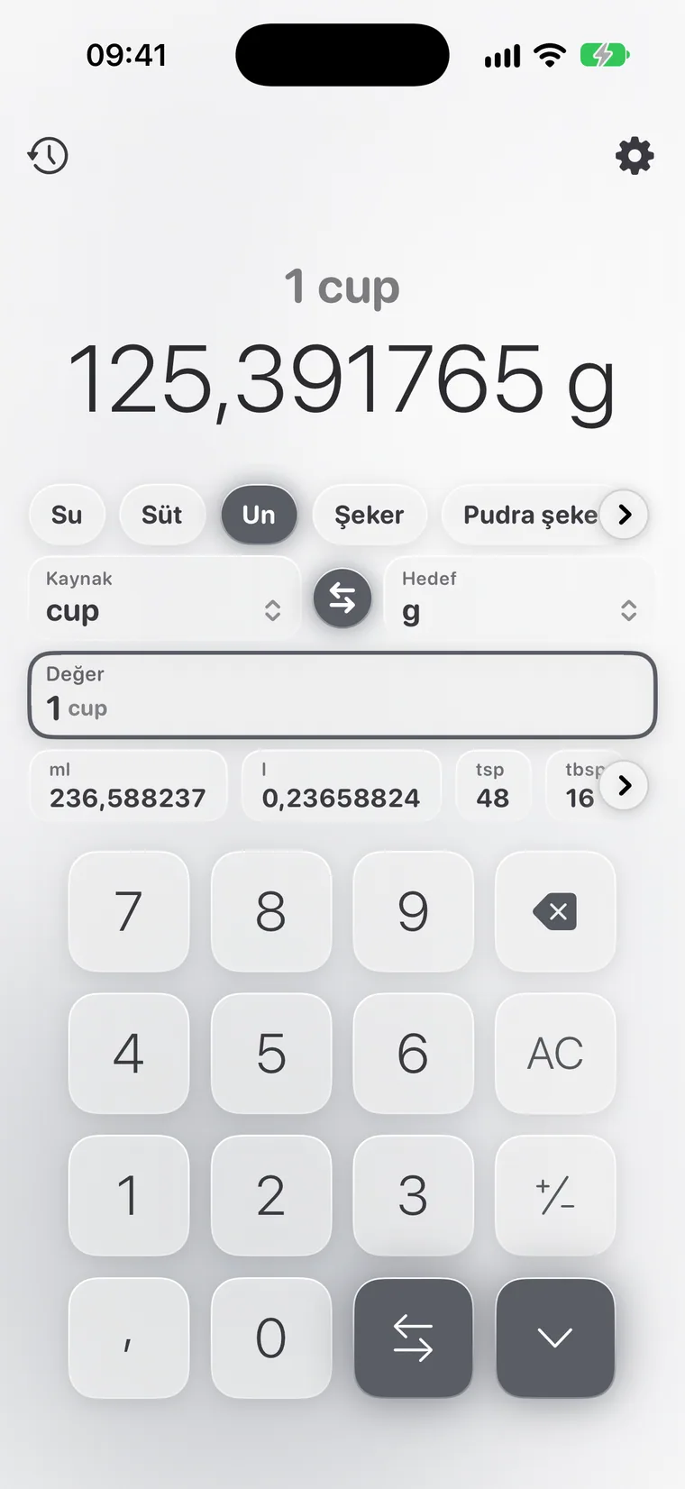 iPhone'da Calcie, “Mutfak” modu