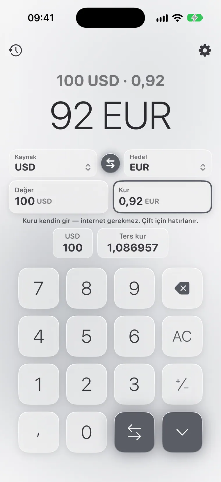 iPhone'da Calcie, “Döviz” modu